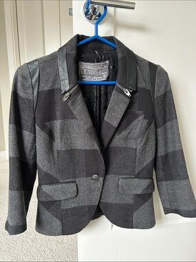 Guess Women's Gray and Black Check Blazer with Faux Leather Trim